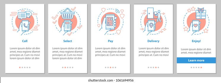 Comprar en línea la pantalla de la página de la aplicación móvil con conceptos lineales. Instrucciones gráficas de compra digital. UX, UI, plantilla de vector GUI con ilustraciones