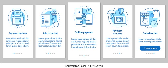 Online shopping onboarding mobile app page screen with linear concepts. Digital purchase. E-payment. Steps graphic instructions. UX, UI, GUI vector template with illustrations