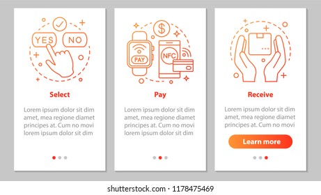 Online shopping onboarding mobile app page screen with linear concepts. Select, e-payment, receive parcel steps graphic instructions. UX, UI, GUI vector template with illustrations
