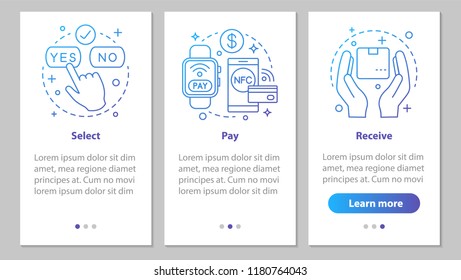 Online shopping onboarding mobile app page screen with linear concepts. Select, e-payment, receive parcel steps graphic instructions. UX, UI, GUI vector template with illustrations