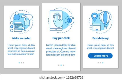 Online Shopping Onboarding Mobile App Page Screen With Linear Concepts. Digital Purchase. Place An Order, Payment Per Click, Fast Delivery. Steps Graphic Instructions. UX, UI, GUI Vector Illustrations