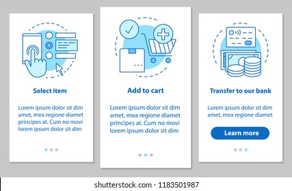 Online shopping onboarding mobile app page screen with linear concepts. Digital purchase steps instructions. Select items, add to cart, make payment. UX, UI, GUI vector template with illustrations