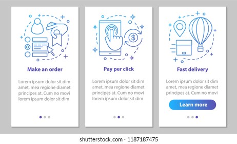 Online shopping onboarding mobile app page screen with linear concepts. Digital purchase. Place an order, payment per click, fast delivery. Steps graphic instructions. UX, UI, GUI vector illustrations