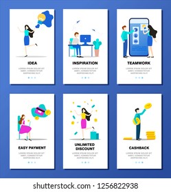 Online shopping onboarding mobile app page screen with linear concepts. From idea to embodiment. Easy payment, unlimited discount, cashback. Digital purchase graphic instructions. UX, UI, GUI vector t