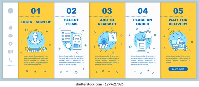 Online shopping onboarding mobile app page screen vector template. Select items, add to basket, place order walkthrough website steps with linear illustrations. UX, GUI smartphone interface concept