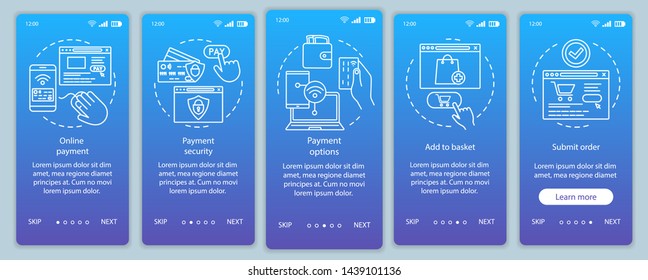 Online shopping onboarding mobile app page screen with linear concepts. Digital purchase. Internet marketing. E-commerce. Steps graphic instructions. UX, UI, GUI vector template with illustrations