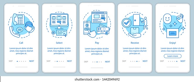 Online shopping onboarding mobile app page screen with linear concepts. Digital purchase. Call, select, pay, receive, enjoy. Steps graphic instructions. UX, UI, GUI vector template with illustrations