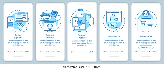 Online shopping onboarding mobile app page screen with linear concepts. Digital purchase. Internet marketing. E-commerce. Steps graphic instructions. UX, UI, GUI vector template with illustrations