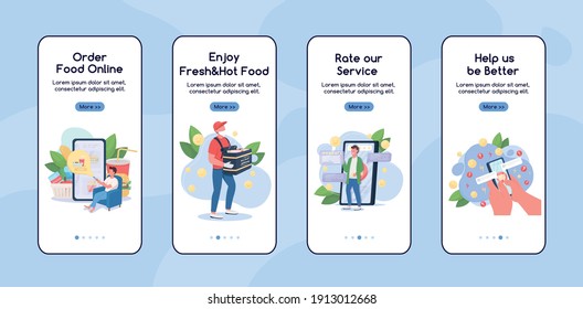 Online shopping onboarding mobile app screen flat vector template. Remote food delievery. Walkthrough website steps with characters. UX, UI, GUI smartphone cartoon interface, case prints set