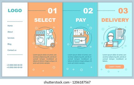 Online shopping onboarding mobile web pages screens vector template. Internet store graphic steps. Responsive smartphone website interface idea with linear illustrations. Webpages color concept 