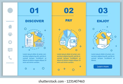 Online shopping onboarding mobile web pages vector template. Digital purchase. Discover deal, pay, enjoy. Responsive smartphone website interface. Webpage walkthrough step screens. Color concept