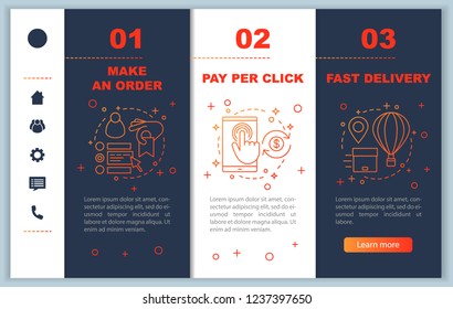 Online shopping onboarding mobile web pages vector template. Digital purchase. Place an order, payment per click, fast delivery. Responsive smartphone website. Webpage walkthrough step screens