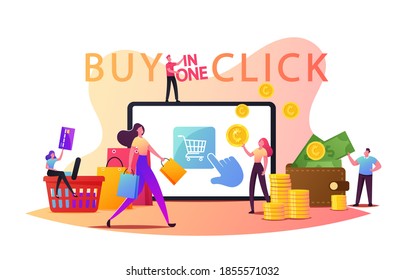 Online Shopping One Click Purchase Concept. Tiny Customer Characters with Credit Card Buying Goods at Huge Gadget Screen. Digital Marketing, Internet Store Business. Cartoon People Vector Illustration