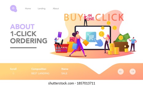 Online Shopping One Click Purchase Landing Page Template. Tiny Customer Characters with Credit Card Buying Goods at Huge Gadget Screen. Digital Internet Business. Cartoon People Vector Illustration
