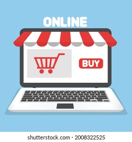Online shopping with open laptop concept vector