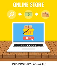 Online shopping with open laptop and online shop. Online store concept. Flat cartoon style. Vector illustration.