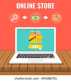 Online shopping with open laptop and online shop. Online store concept. Flat cartoon style. Vector illustration.