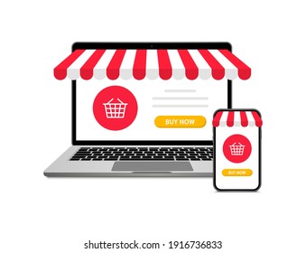 Online shopping. Open laptop and smartphone with awning. Online store concept. Banner for marketing and promotion ecommerce. Vector illustration.