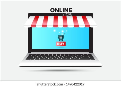 Online shopping with open laptop. Online store concept