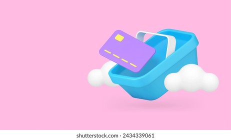 Online shopping order card payment service banner with copy space 3d icon realistic vector illustration. Internet store shop market supermarket groceries goods buying e money banking paying purchase