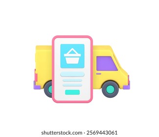 Online shopping order delivery digital store smartphone application 3d icon realistic vector illustration. Shop mobile phone application supermarket marketplace purchase shipment truck retail commerce