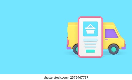 Online shopping order delivery digital store smartphone application banner copy space vector illustration. Shop mobile phone application supermarket marketplace purchase shipment truck retail commerce