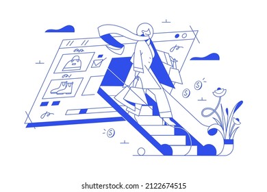 Online shopping, order online and e-commerce app vector illustration. Promotion of digital marketing online, web and ad linear concept