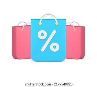Online shopping order paper bag stack percent commercial sale discount promo offer front view realistic 3d icon vector illustration. Fashion boutique store shop business advertising purchase package