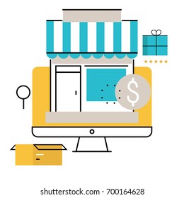 Online shopping, online order and payment, e-commerce, purchasing online, delivery process flat line vector illustration design for mobile and web graphics