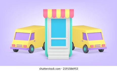 Online shopping order purchasing courier delivery service smartphone application 3d icon vector illustration. Logistic truck van cargo freight shipping moving transportation mobile phone tracking
