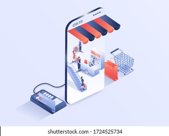 Online shopping order via smartphone and card with mall illustration. 3d isometric vector.