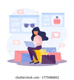 Online shopping and order.  Young woman shop online using laptope.  Shopping concept vector flat illustration.