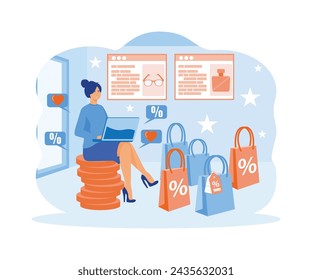 Online shopping and order. Young woman shop online using laptop. flat vector modern illustration 