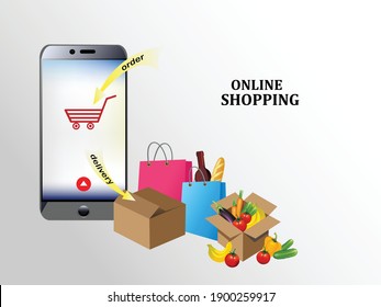 Online shopping, ordering and delivery of goods. Concept of e-commerce sales. Vector illustration.