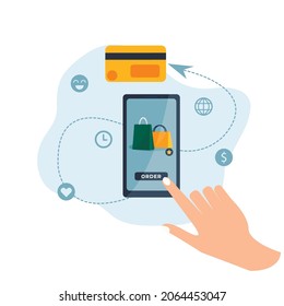 Online shopping, ordering goods on the site. Payment for purchases by bank card. Vector illustration in flat style