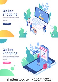 Online shopping, online ordering system isometric concept. Electronic commerce concept with people. Isometric People with phone and laptop. Big Sale. Modern design vector illustration.	
