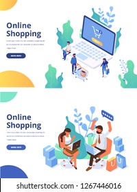 Online shopping, online ordering system isometric concept. Electronic commerce concept with people. Isometric People with phone and laptop. Big Sale. Modern design vector illustration.	
