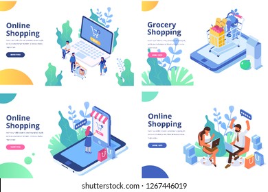 Online shopping, online ordering system isometric concept. Electronic commerce concept with people. Isometric People with phone and laptop. Big Sale. Modern design vector illustration.	
