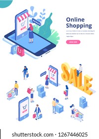 Online Shopping, Online Ordering System Isometric Concept. Electronic Commerce Concept With People. Isometric People With Phone And Laptop. Big Sale. Modern Design Vector Illustration.	
