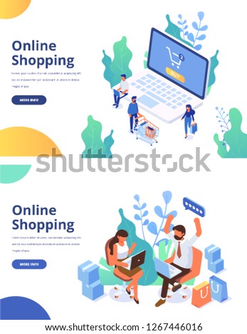Online shopping, online ordering system isometric concept. Electronic commerce concept with people. Isometric People with phone and laptop. Big Sale. Modern design vector illustration.	
