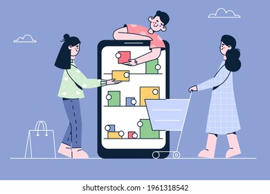 Online shopping and orders in internet concept. Young people man and women customers choosing items and adding to cart online during shopping on smartphone screen vector illustration 