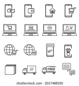Online shopping outline doodle hand drawn icon set