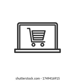 Online shopping outline icon. Basket on laptop screen. Vector illustration.