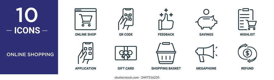el conjunto de iconos de contorno de compras en línea incluye tienda en línea delgada, código qr, Comentarios, ahorros, lista de deseos, aplicación, iconos de Tarjeta de regalo para informe, presentación, diagrama, Diseño web