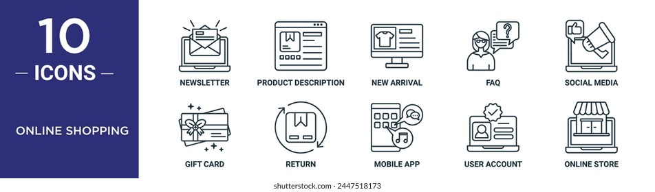 online shopping outline icon set includes thin line newsletter, product description, new arrival, faq, social media, gift card, return icons for report, presentation, diagram, web design