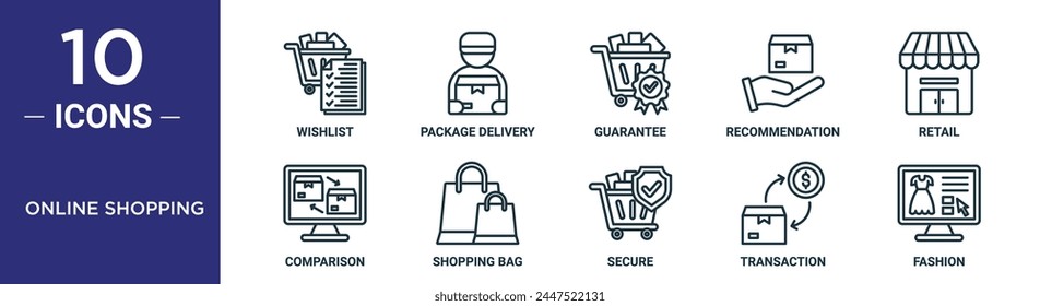 el conjunto de iconos de contorno de compras en línea incluye lista de deseos de línea fina, entrega de paquetes, garantía, recomendación, venta al por menor, comparación, iconos de bolso de compras para informe, presentación, diagrama, Diseño web