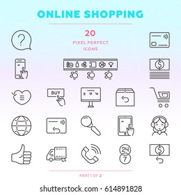 Online shopping outline icon set of 20 thin modern and stylish icons. Dark line version. EPS 10. Pixel perfect icons.