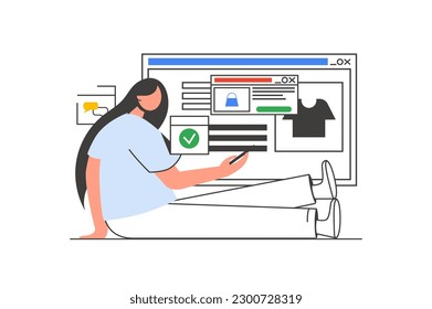 Online shopping outline web concept with character scene. Woman choosing goods and making purchases. People situation in flat line design. Vector illustration for social media marketing material.