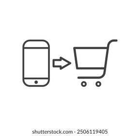 Online shopping outlined isolated illustration. Smartphone, arrow and cart vector icons in flat style