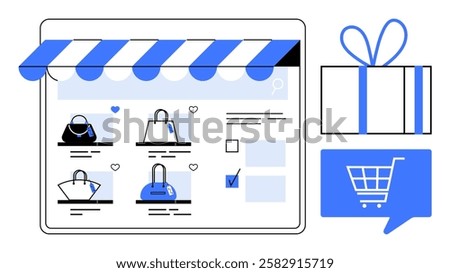 Online shopping page displaying handbags with store awning, multiple product thumbnails, shopping cart icon, and gift box. Ideal for e-commerce, fashion, retail, sales, digital marketing, online